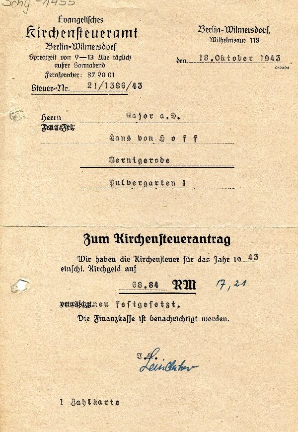 Evang. Kirchensteueramt Berlin Wilmersdorf an Major a. D. Hans von Hoff (Schloß Wernigerode GmbH RR-F)