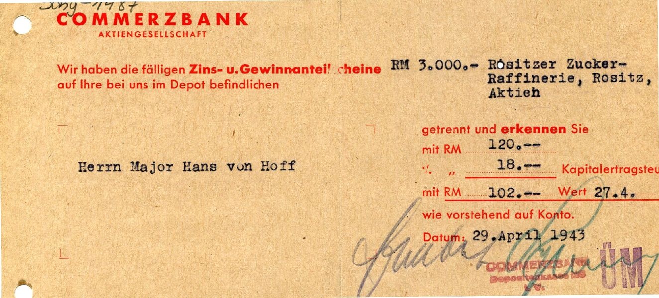 Nachricht von Commerzbank an Herrn Major Hans von Hoff (Schloß Wernigerode GmbH RR-F)