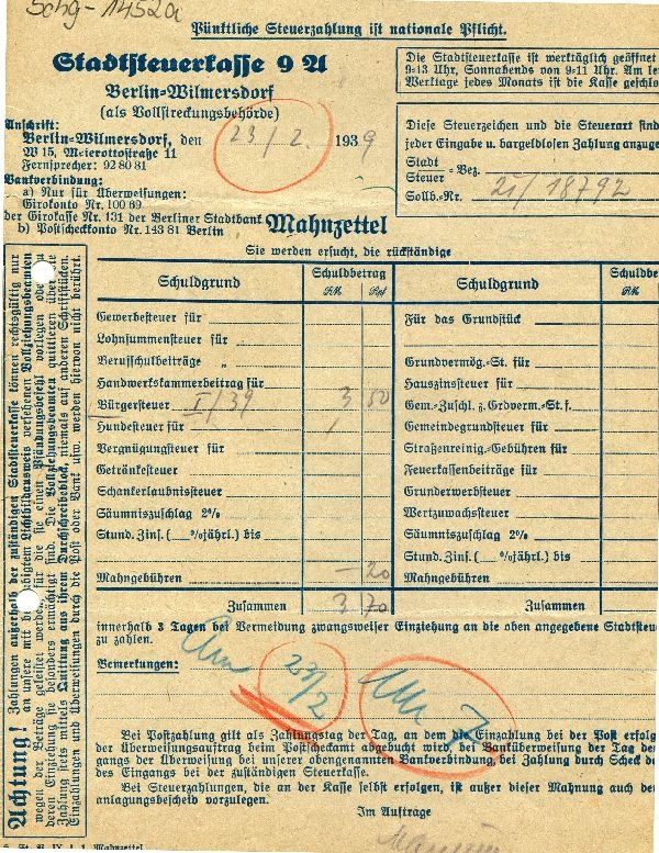 Mahnzettel: Stadtsteuerkasse Berlin Wilmersdorf an Hans von Hoff, 23.02.1939 (Schloß Wernigerode GmbH RR-F)