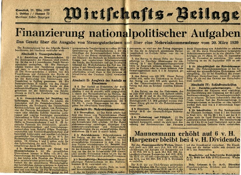 Zeitungsseite Berliner Lokal-Anzeiger 25. Febr. 1939, Wirtschaftsbeilage, Finanzierung ... (Schloß Wernigerode GmbH RR-F)