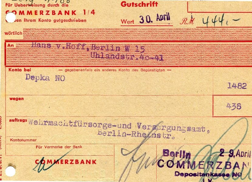 Gutschrift, Commerzbank an Hans von Hoff auftrags Wehrmachtsfürsorge- u. Versorgungsamt ... (Schloß Wernigerode GmbH RR-F)