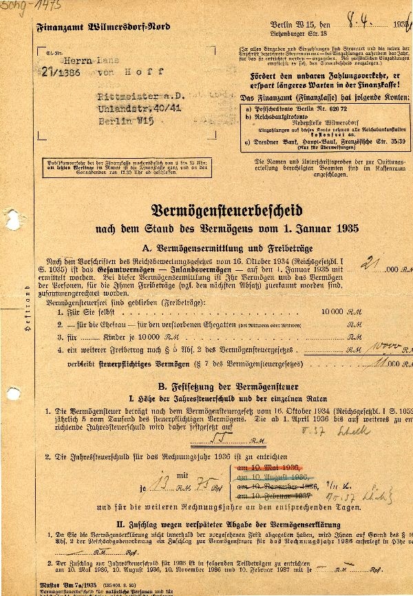 Vermögenssteuerbescheid 1935, Rittmeister a. D. Hans von Hoff (Schloß Wernigerode GmbH RR-F)