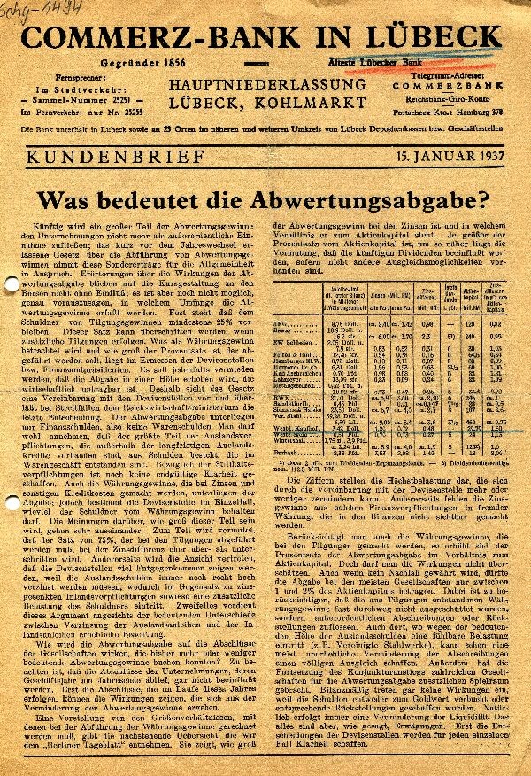 Informationsblatt: "Was bedeutet die Abwertungsabgabe", Commerzbank Lübeck (Schloß Wernigerode GmbH RR-F)