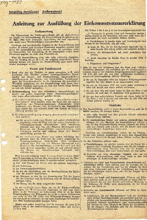 Anleitung zur Ausfüllung der Einkommenssteuererklärung 1943 (Schloß Wernigerode GmbH RR-F)