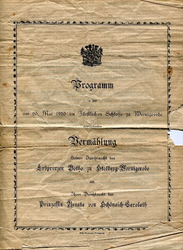 Programm zur Vermählung am 20. Mai 1920 (Schloß Wernigerode GmbH RR-F)