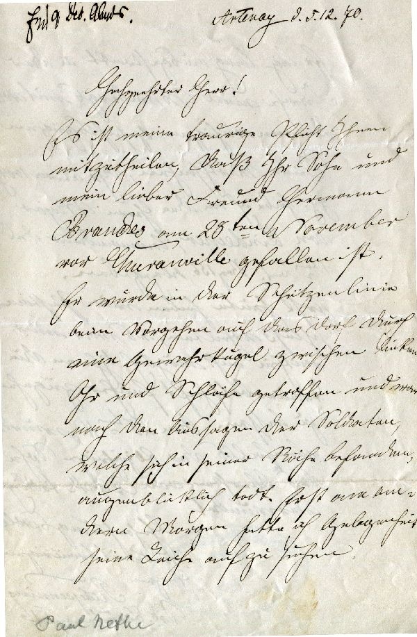 Brief: Artenay d. 05.12.70, Lieutnant Redepennig an Vater von Feldwebel Brandes (Schloß Wernigerode GmbH RR-F)