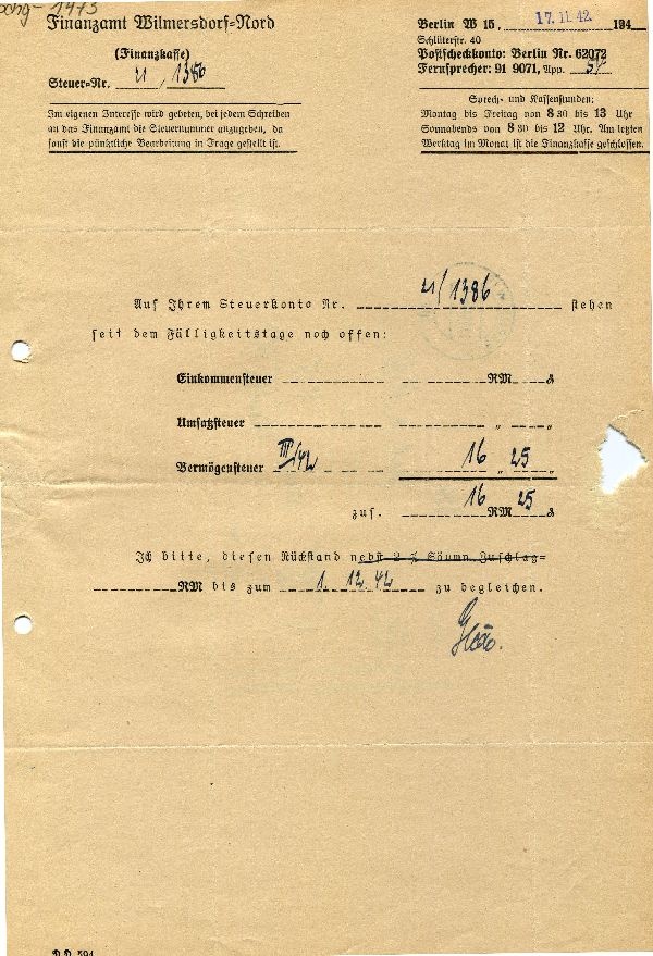 Steuermahnung, Finanzamt Wilmersdorf an Rittmeister a. D. Hans von Hoff (Schloß Wernigerode GmbH RR-F)