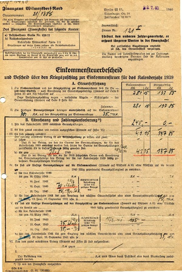 Einkommenssteuerbescheid und Bescheid über den Kriegszuschlag zur Einkommens... (Schloß Wernigerode GmbH RR-F)