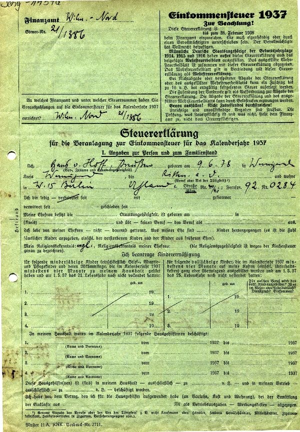 Steuererklärung für das Jahr 1937, Rittmeister a. D. Hans von Hoff (Schloß Wernigerode GmbH RR-F)