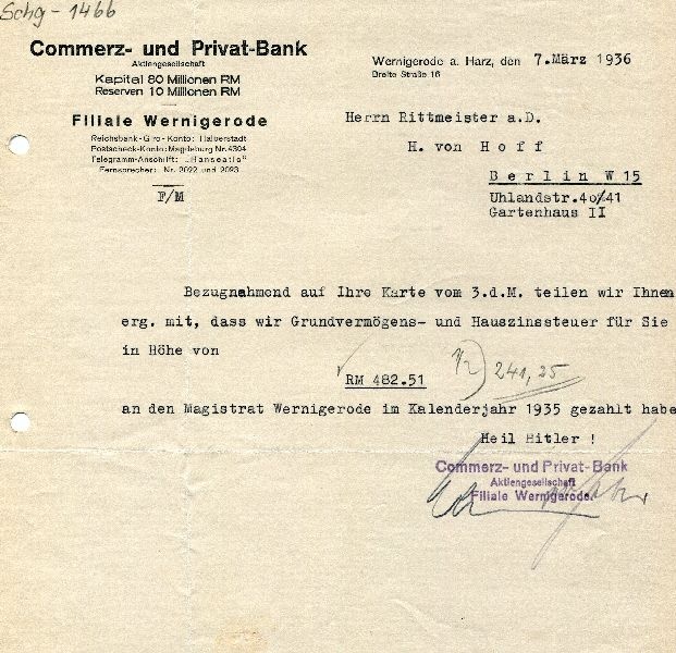 Commerz- u. Privatbank Wernigerode an Herrn Rittmeister a. D. Hans von Hoff (Schloß Wernigerode GmbH RR-F)
