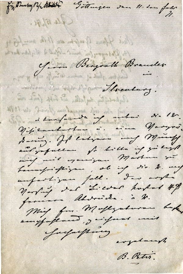 Brief: Göttingen, d. 11. Jan. 21, B. Petir an Herrn Bergrath Brandes (Schloß Wernigerode GmbH RR-F)
