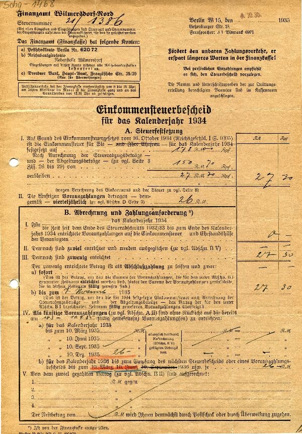 Einkommenssteuerbescheid 1934, Finanzamt Wilmersdorf an Hans von Hoff (Schloß Wernigerode GmbH RR-F)
