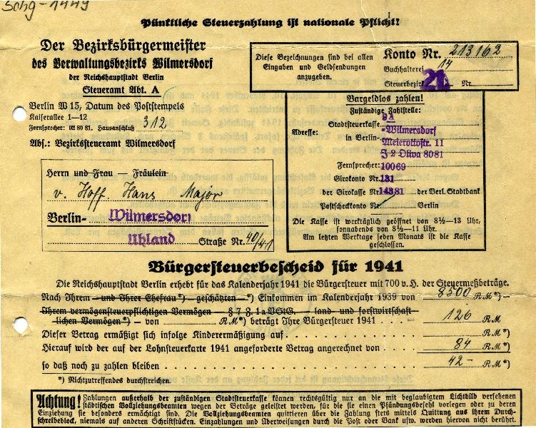 Bürgersteuerbescheid 1941, Der Bezirksbürgermeister v. Wilmersdorf an Hans von Hoff (Schloß Wernigerode GmbH RR-F)