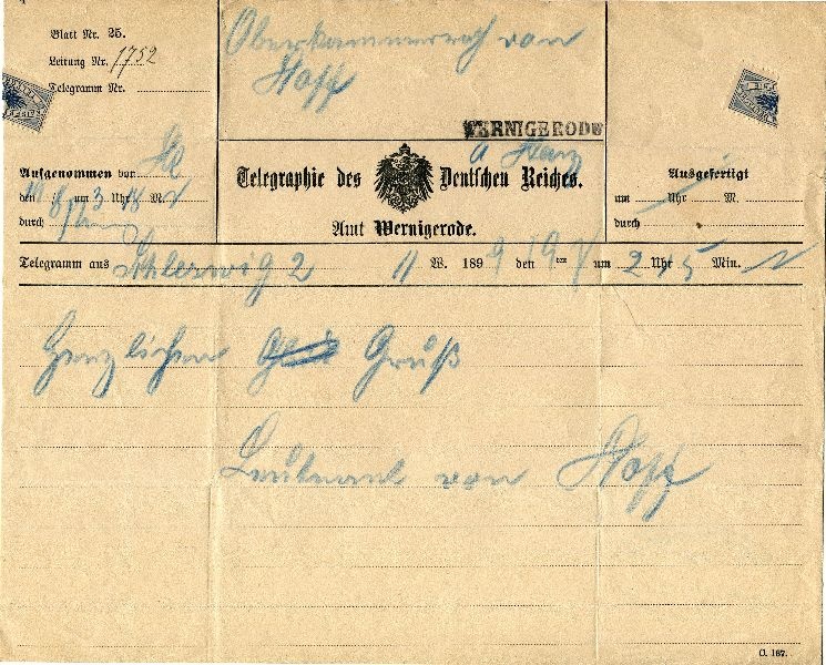 Telegramm: Schleswig 19.08.1899 an Herrn Oberkammerrath von Hoff (Schloß Wernigerode GmbH RR-F)