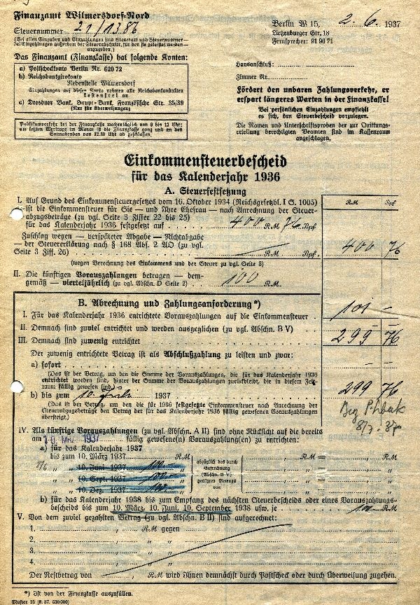 Einkommenssteuerbescheid 1936, Finanzamt Wernigerode an Hans von Hoff (Schloß Wernigerode GmbH RR-F)