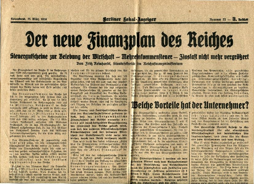 Zeitungsseite Berliner Lokal-Anzeiger 25. März 1939, Der neue Finanzplan des Reiches (Schloß Wernigerode GmbH RR-F)