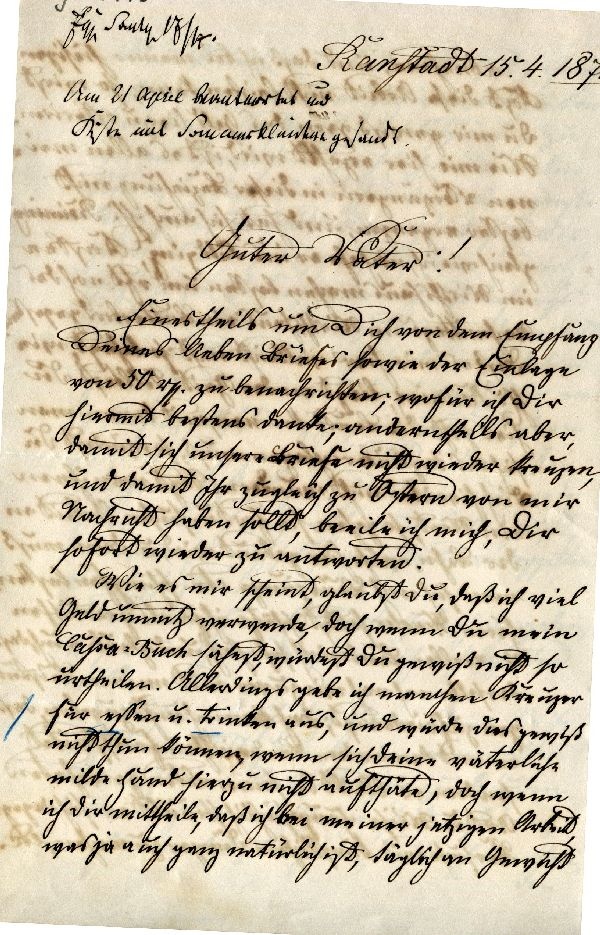 Brief: Ranstadt, 15.04.1870, Hermann an seinen Vater (Schloß Wernigerode GmbH RR-F)