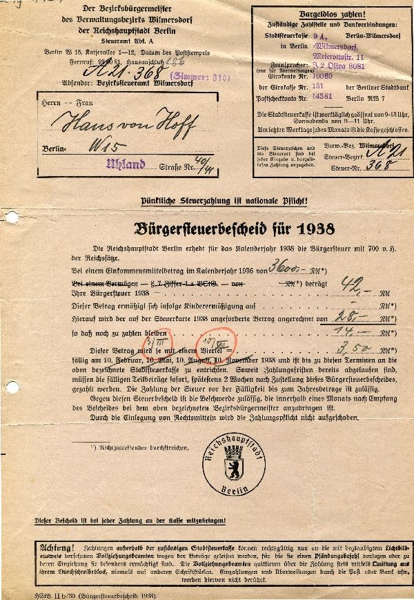 Bürgersteuerbescheid für 1938, Bezirksbürgermeister v. Wilmersdorf an Hans von Hoff (Schloß Wernigerode GmbH RR-F)