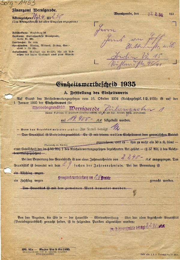 Einheitswertbescheid 1935, Finanzamt Wernigerode an Hans von Hoff (Schloß Wernigerode GmbH RR-F)