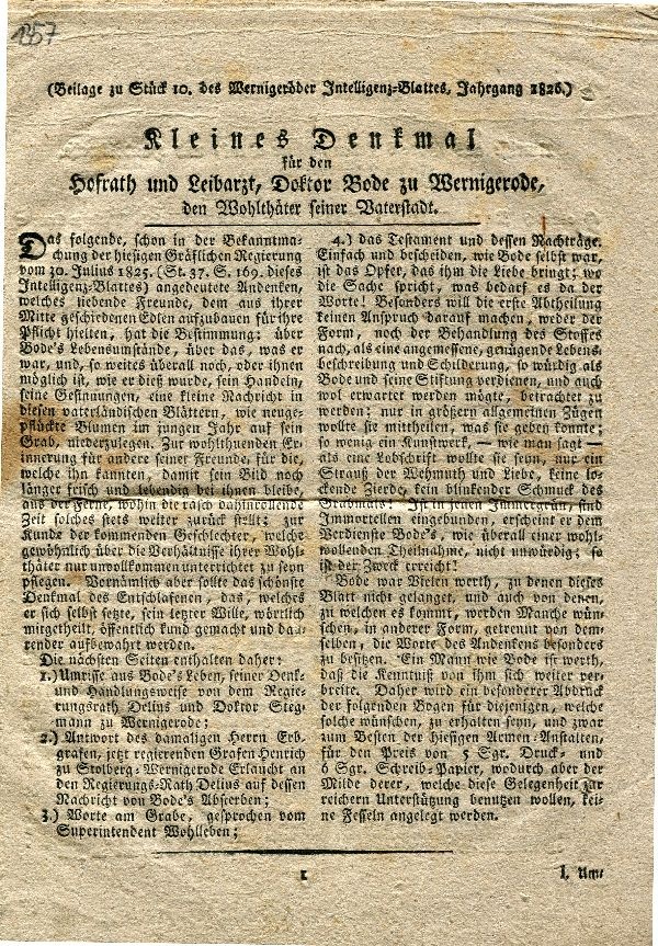 Beilage zum Wernigeröder Intelligenzblatt 1826, S. 1 bis 20 "Kleines Denkmal ... (Schloß Wernigerode GmbH RR-F)