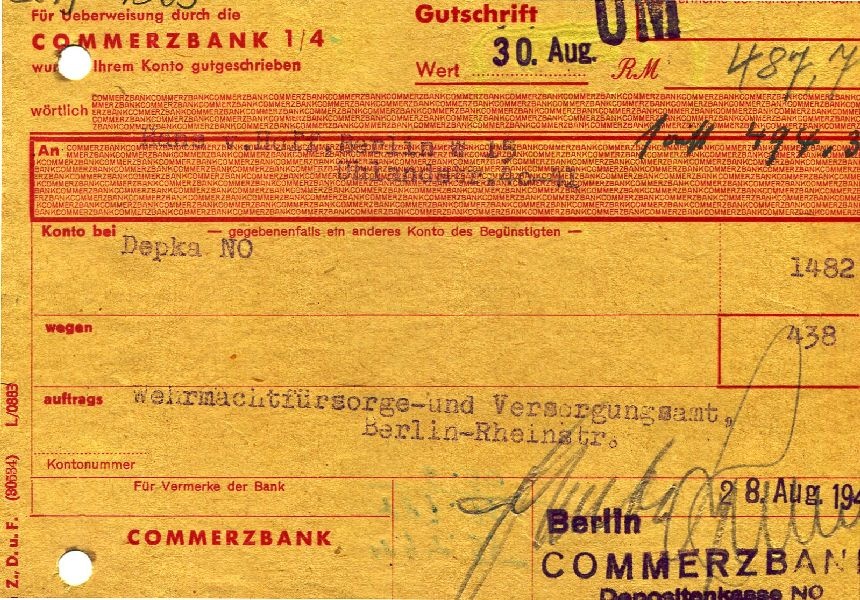 Gutschrift, Wehrmachtsfürsorge- u. Versorgungsamt Berlin, Commerzbank (Schloß Wernigerode GmbH RR-F)