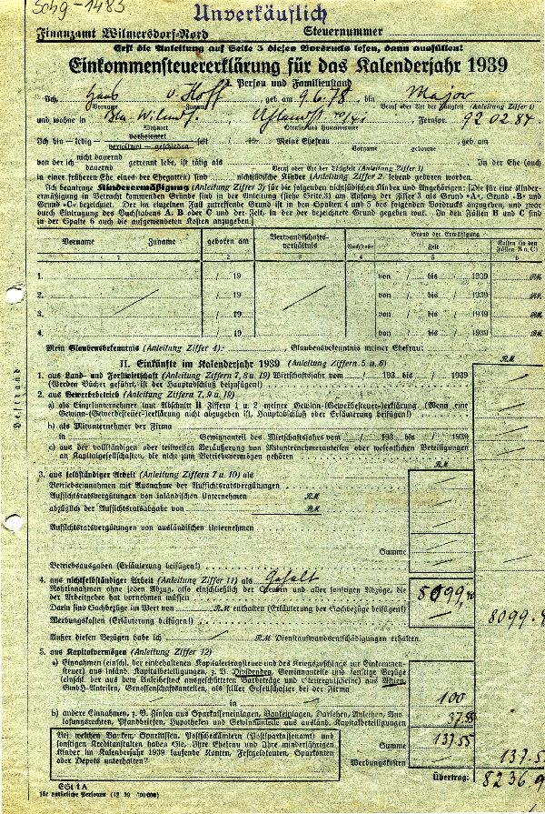 Einkommenssteuererklärung 1939, Major Hans von Hoff (Schloß Wernigerode GmbH RR-F)