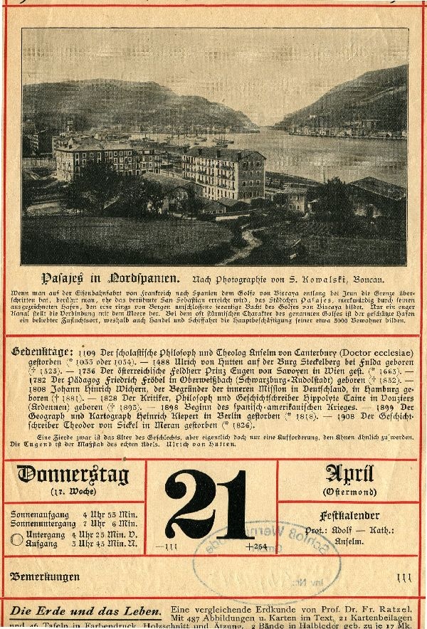 Kalenderblatt aus Meyers "Historisch-Geographischer Kalender 1910" (Schloß Wernigerode GmbH RR-F)