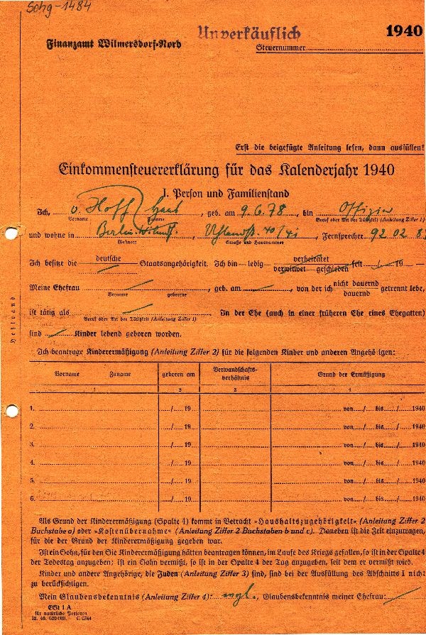 Einkommenssteuererklärung 1940, Offizier Hans von Hoff (Schloß Wernigerode GmbH RR-F)