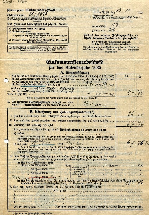 Einkommenssteuerbescheid 1935, Finanzamt Wernigerode an Hans von Hoff (Schloß Wernigerode GmbH RR-F)