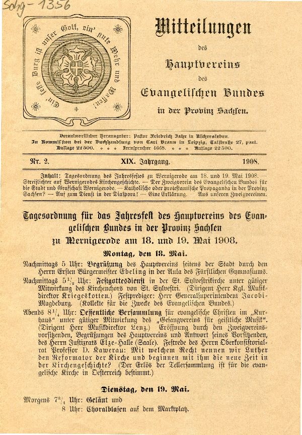 Mitteilungen des Hauptvereins des Evangel. Bundes Nr. 2, XIX. Jahrgang 1908 (Schloß Wernigerode GmbH RR-F)