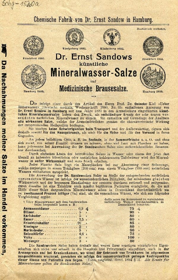Gedrucktes Blatt "Dr. Ernst Sandows künstliche Mineralsalze und Medizinische Brausesalze" (Schloß Wernigerode GmbH RR-F)