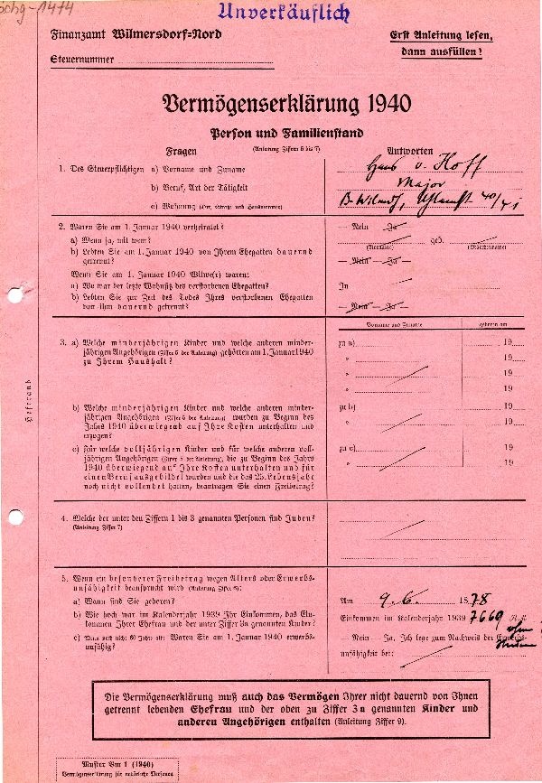 Vermögenssteuererklärung 1940, Major Hans von Hoff (Schloß Wernigerode GmbH RR-F)