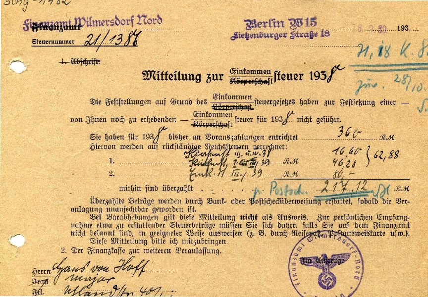 Mitteilung zur Einkommenssteuer 1938, Finanzamt Wilmersdorf an Major Hans von Hoff (Schloß Wernigerode GmbH RR-F)