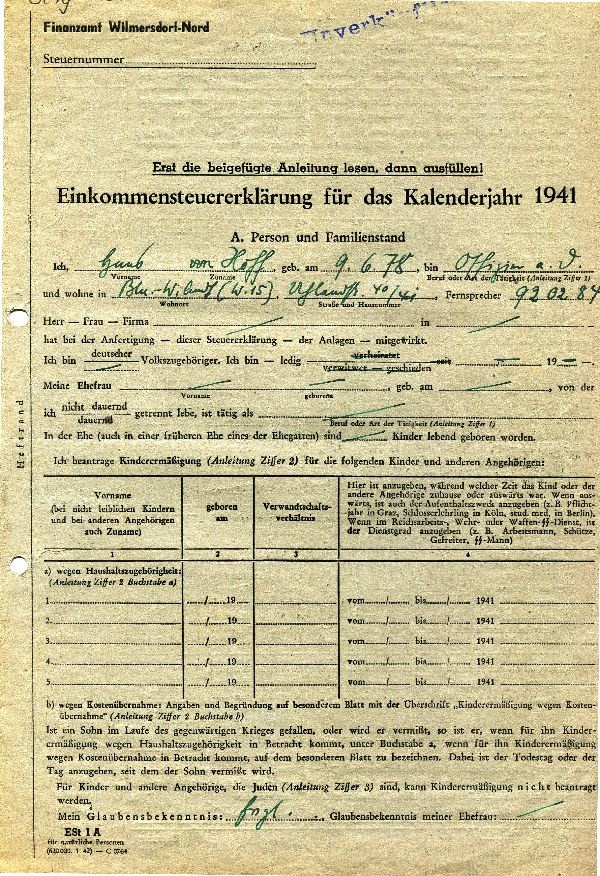 Einkommenssteuererklärung 1941, Offizier a. D. Hans von Hoff (Schloß Wernigerode GmbH RR-F)