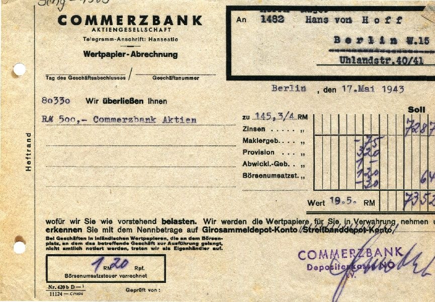 Commerzbank Wertpapier-Abrechnung, Ankauf RM 500,- Commerzbank-Aktien durch H. v. Hoff (Schloß Wernigerode GmbH RR-F)