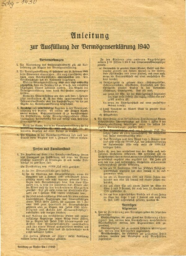 Amtliches Blatt: Anleitung zur Ausfüllung der Vermögenserklärung 1940 (Schloß Wernigerode GmbH RR-F)