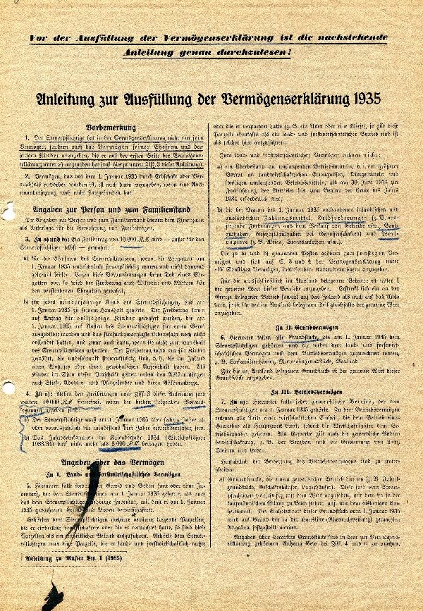 Anleitung zur Ausfüllung der Vermögenssteuererklärung 1935 (Schloß Wernigerode GmbH RR-F)