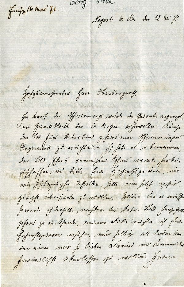 Brief: Nogent le Roi 12. April 1871, P. Nethe an Oberbergrath Brandes (Schloß Wernigerode GmbH RR-F)