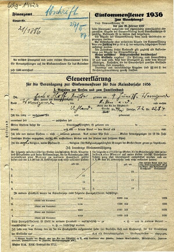 Steuererklärung 1936, Rittmeister a. D. Hans von Hoff (Schloß Wernigerode GmbH RR-F)