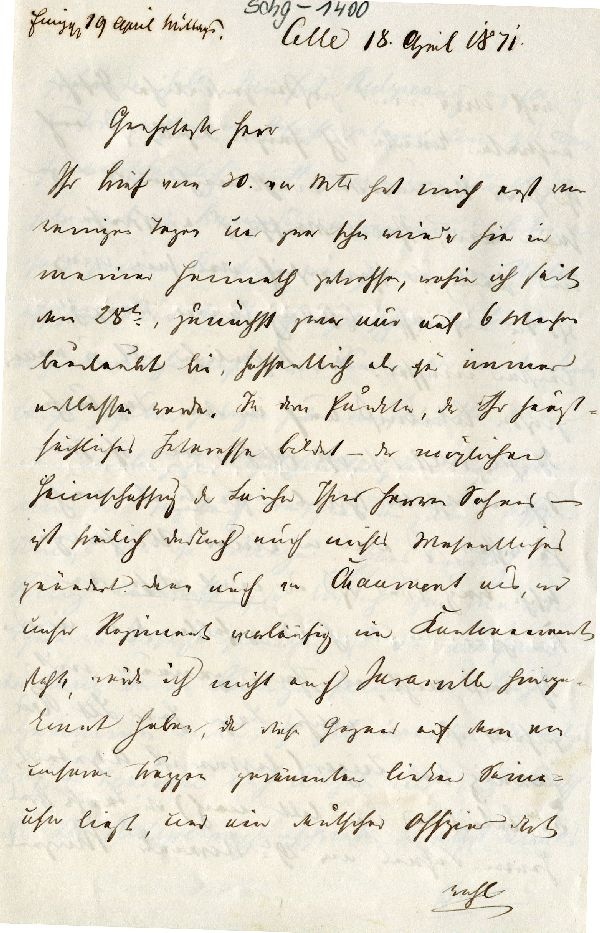 Brief: Celle 18. April 1871, Rindfleisch an Bergrath Brandes (Schloß Wernigerode GmbH RR-F)