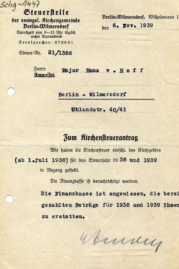 Schreiben: Steuerstelle der evang. Kirchengemeinde Berlin Wilmersdorf an Hans von Hoff (Schloß Wernigerode GmbH RR-F)