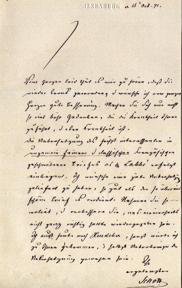 Brief: Ilsenburg, d. 15. Oct. 1871, (Hüttendirektor?) Schott an Bergrath a. D. Brandes (Schloß Wernigerode GmbH RR-F)
