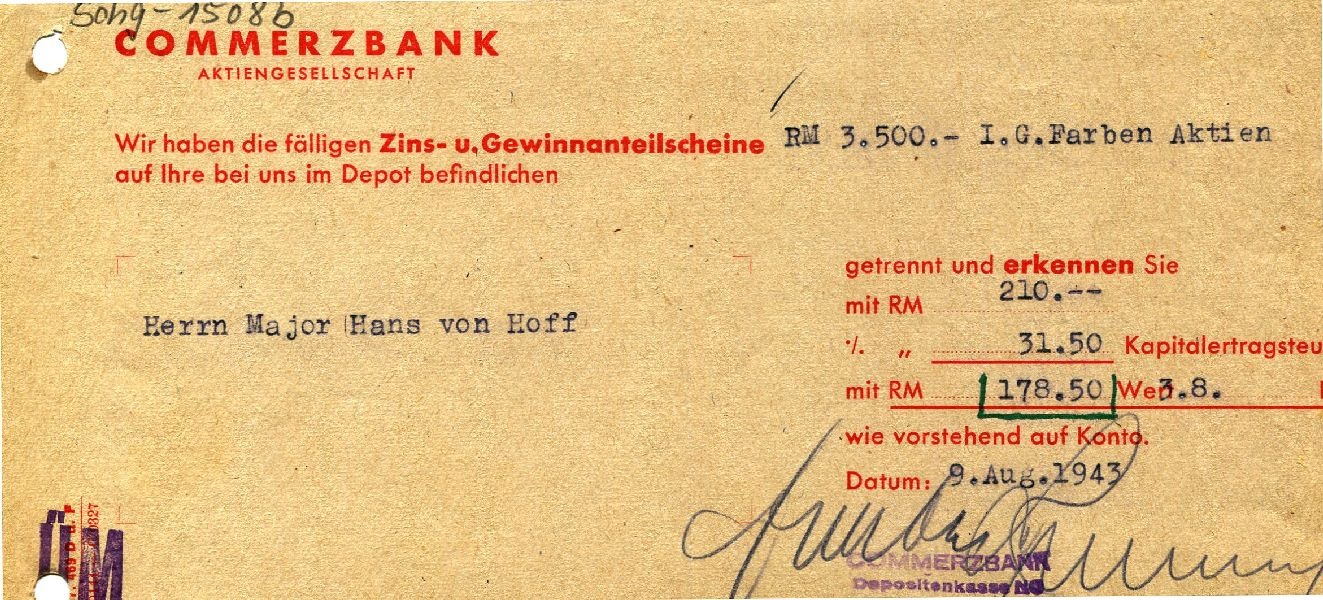Zinsgutschrift von Commerzbank für Major Hans von Hoff 09.08.1943 (Schloß Wernigerode GmbH RR-F)