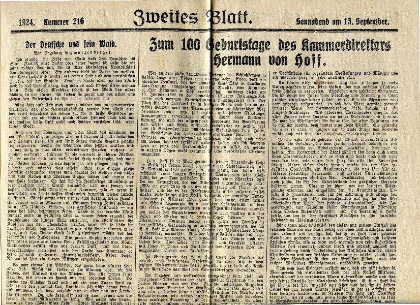 Zeitungsausschnitt, 1924 Nr. 216, Zweites Blatt, mit Artikel zum 100. Geb. des Hermann v. Hoff (Schloß Wernigerode GmbH RR-F)
