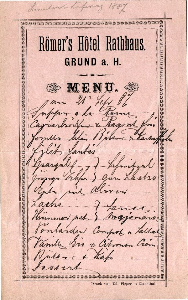 Menükarte (mit Bleistift 1887), Römers Hotel Ranthau Grund a. H. (Schloß Wernigerode GmbH RR-F)