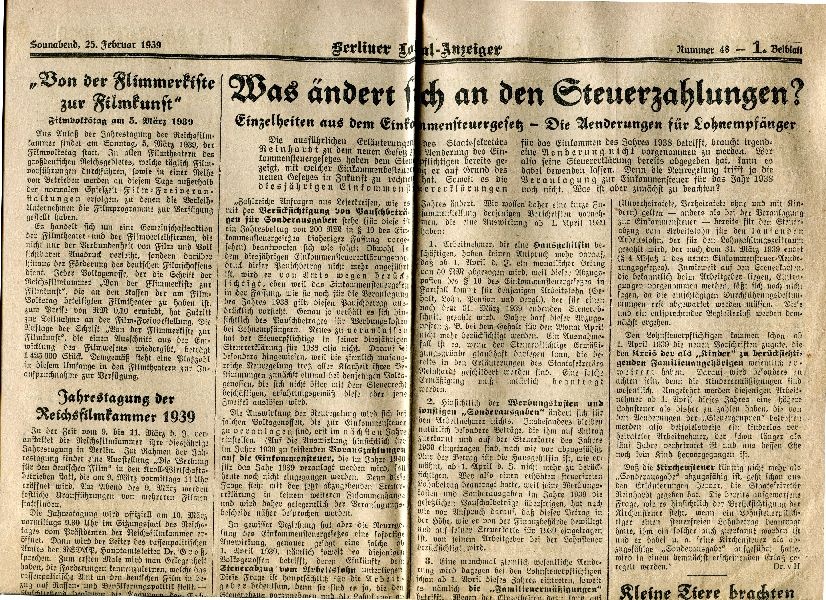 Zeitungsseite Berliner Lokal-Anzeiger 25. Febr. 1939, Was ändert sich an den Steuerzahlungen? (Schloß Wernigerode GmbH RR-F)