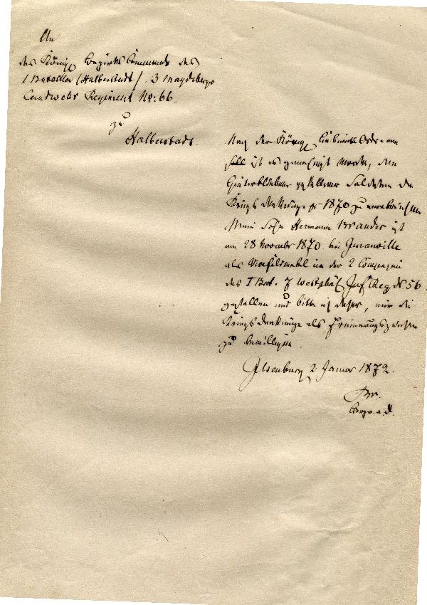 Brief: Ilsenburg, d. 02. Januar 1872, Bergrath Brandes an das königl. Bezirkskommando ... (Schloß Wernigerode GmbH RR-F)