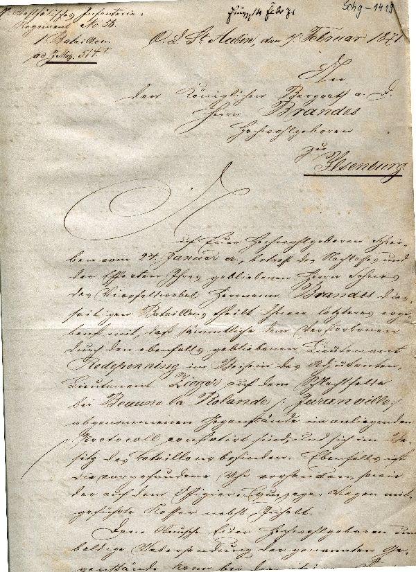 Brief: St. Aubin 07. Febr. 1871, Bataillonskommandeur an Bergrath Brandes (Schloß Wernigerode GmbH RR-F)