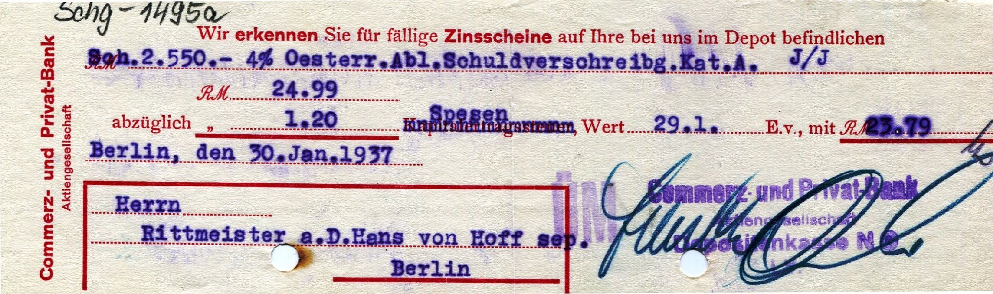 2 Mitteilungen der Commerzbank an Hans von Hoff bezüglich Zinsen (Schloß Wernigerode GmbH RR-F)
