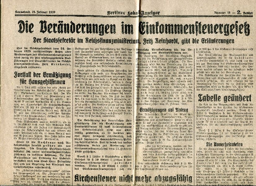 Zeitungsseite Berliner Lokal-Anzeiger 25. Febr. 1939, Die Veränderungen im Einkommens... (Schloß Wernigerode GmbH RR-F)